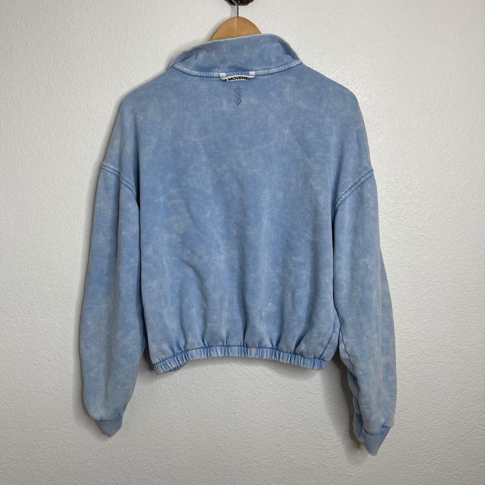 FP Movement Free People Blue Acid Wash Ruched Sleeve Quarter Zip Pullover M - Picture 5 of 5